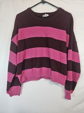 Pink Republic Brown and Pink Striped Drop Shoulder Crew Neck Sweater Size XL